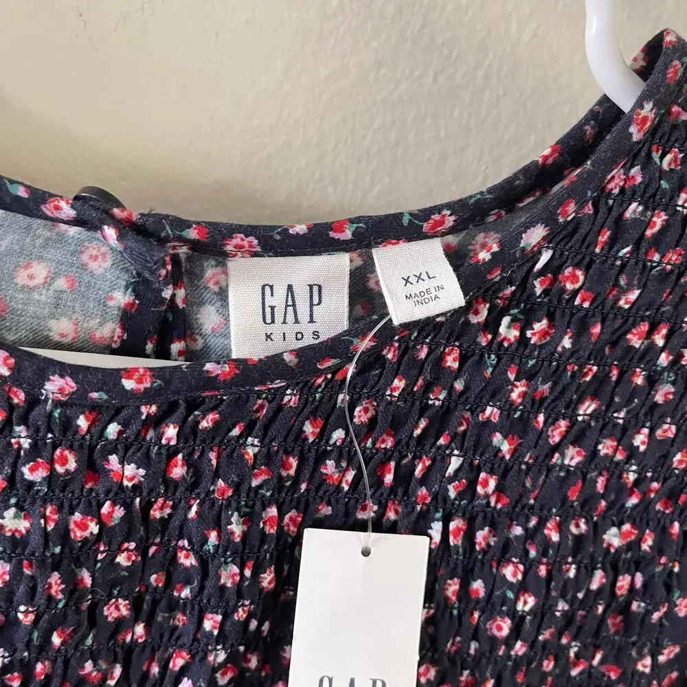 Gap Kids XXL Girls Smocked Floral Prairie Dress Navy Blue Boho Cottagecore